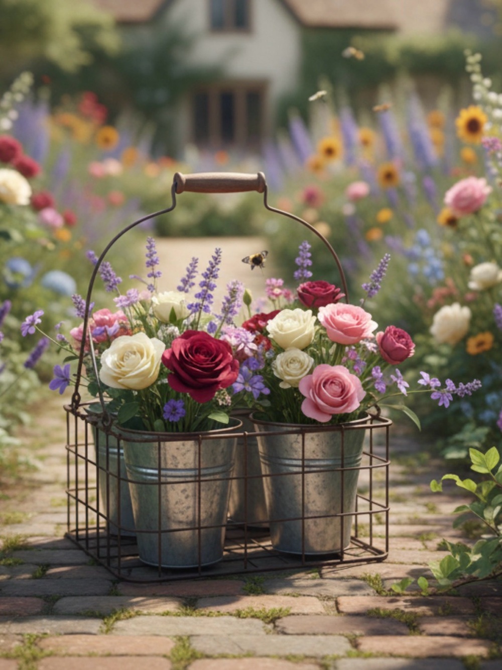 Classic Garden Metal Tote with Rustic Handle- Farmhouse